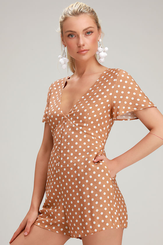 Cute Polka Dot Romper Camel and White Romper Pocketed Romper Lulus