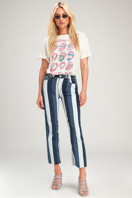 Heather Blue Multi Stripe High-Waisted Straight Leg Jeans 1