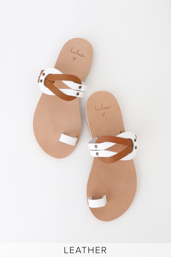 Lulus Skyros - White and Tan Sandals - Genuine Leather Slides