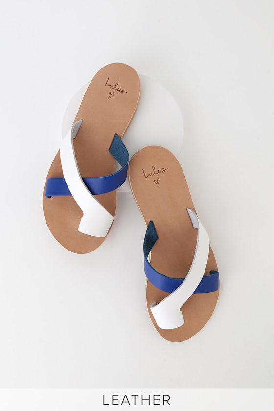 Leros White and Santorini Blue Leather Slide Sandals 1
