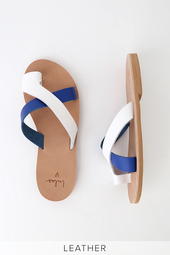 Leros White and Santorini Blue Leather Slide Sandals 2