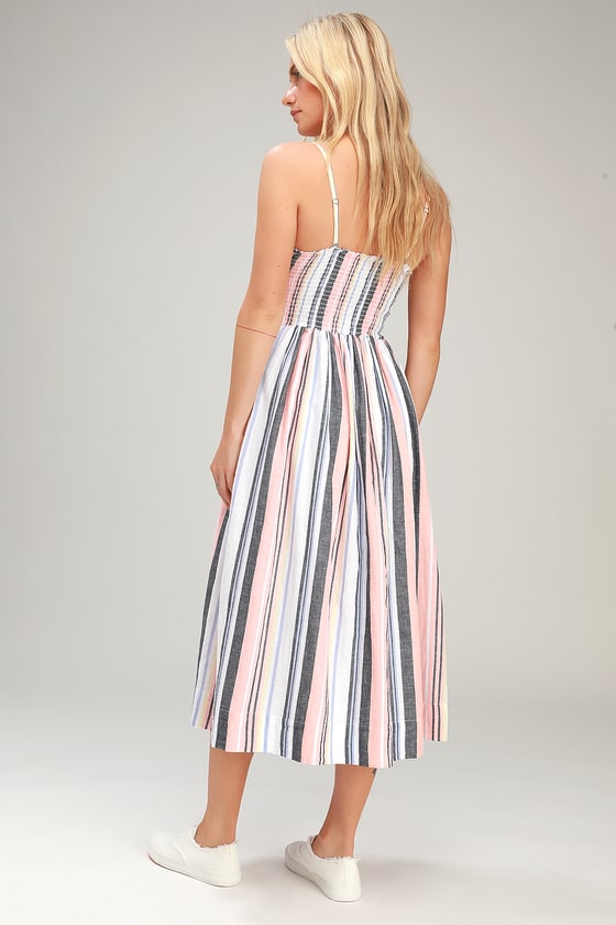 Free People Lilah - Striped Midi Dress - Sleeveless Smocked Dress - Lulus