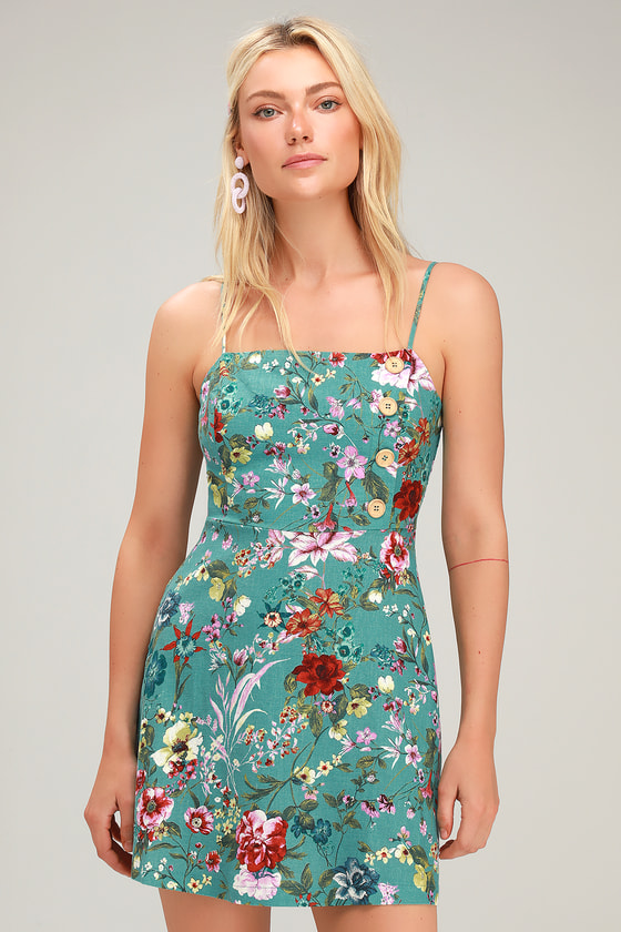 Birdee Aqua Floral Print Sleeveless Mini Dress