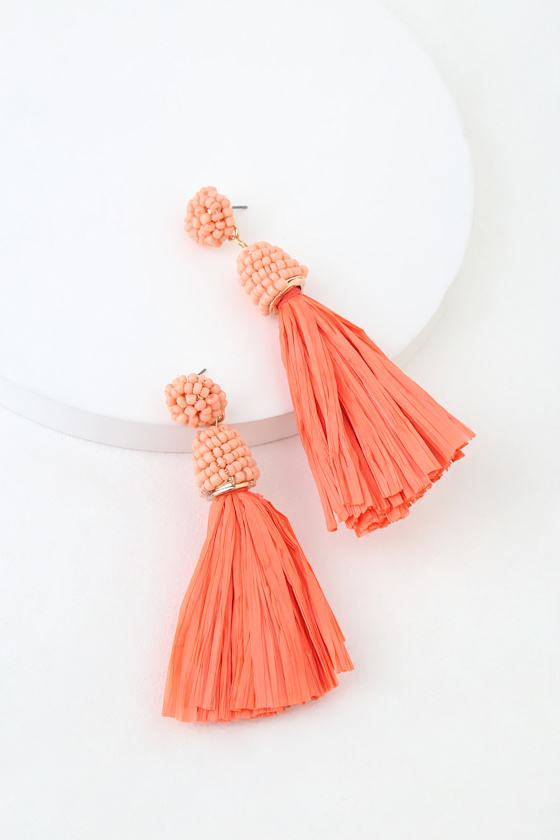 Xenia Coral Pink Beaded Rafia Earrings 1