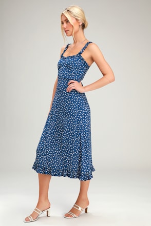 Faithfull the Brand Noemie Navy Blue Floral Print Dress Midi