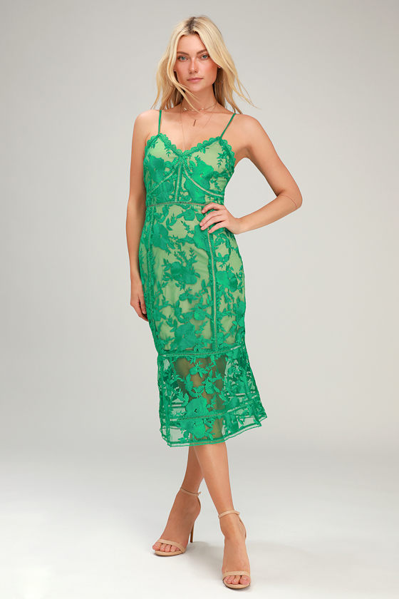 Deeply Cherished Green and Nude Lace Midi Dress 2