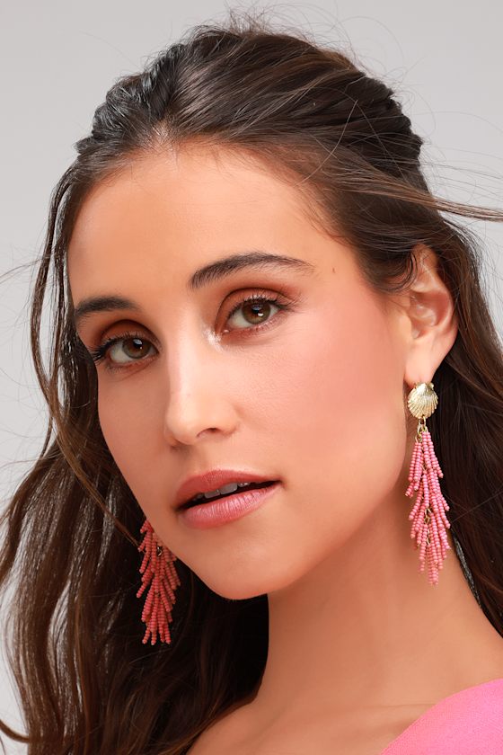 Bermuda Babe Pink and Gold Shell Beaded Earrings 1