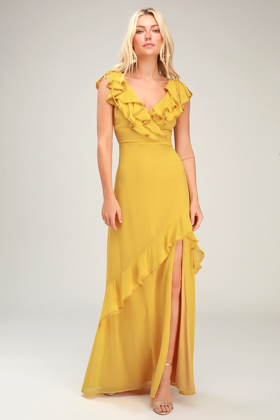 Love From Above Mustard Yellow Ruffled Surplice Maxi Dress - Lulus