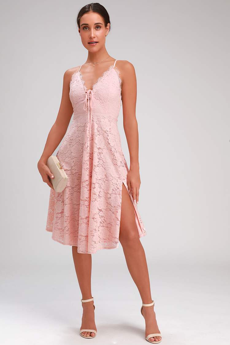 Blush Pink Lace Dress - Lace-Up Dress - Midi Dress - Skater - Lulus Blush Pink Lace Dress - Lace-Up Dress - Midi Dress - Skater - Lulus