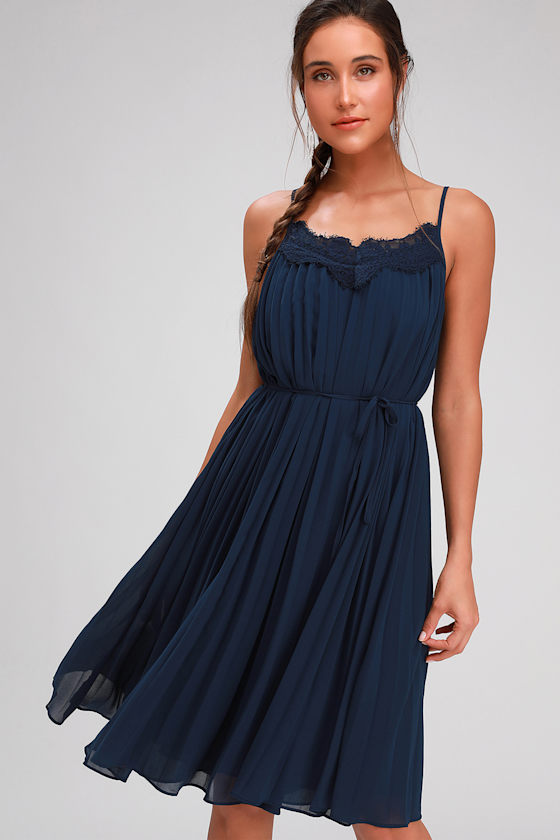 Cute Navy Blue Dress Pleated Midi Dress Navy Blue Midi Dress Lulus