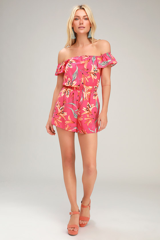 Cute Off-the-Shoulder Romper - Pink Floral Print Romper - Romper - Lulus