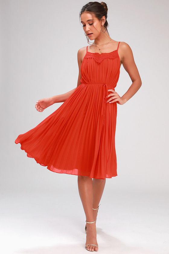 orange pleated midi dress