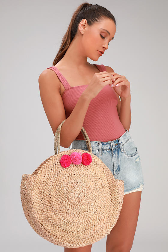 Shoreline Seeker Natural Woven Straw Pom Pom Tote 1
