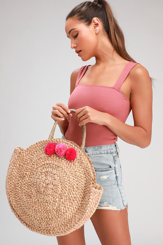 Shoreline Seeker Natural Woven Straw Pom Pom Tote 2