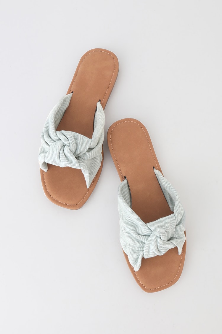 Cute Blue Denim Slide Sandals - Knotted Slide Sandals - Lulus