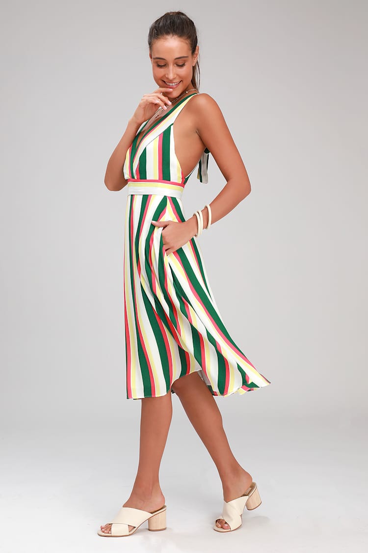 Cute Striped Dress - Green and White Dress - Halter Midi Dress - Lulus