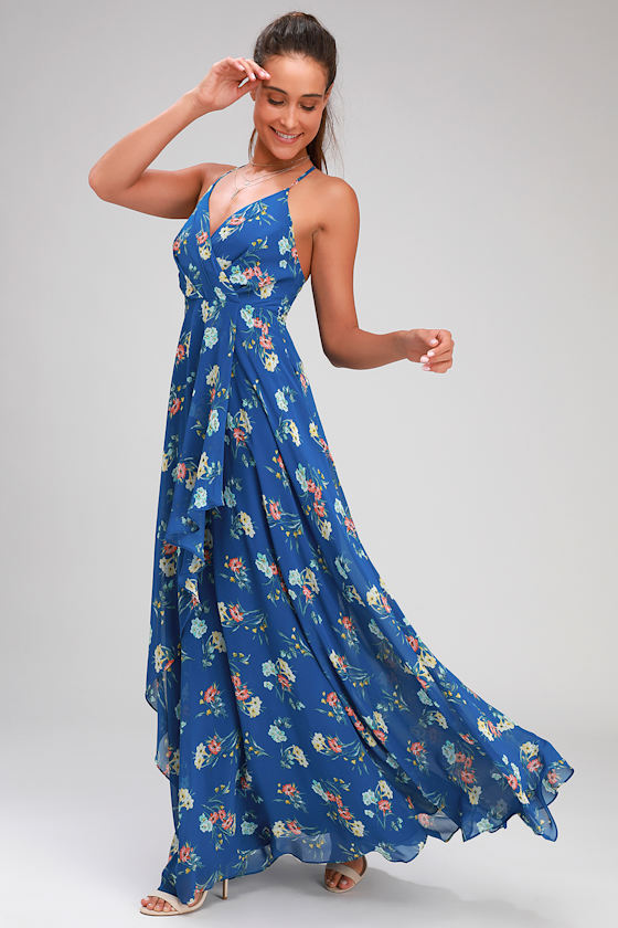 Romance Abound Royal Blue Floral Print Surplice Maxi Dress 3