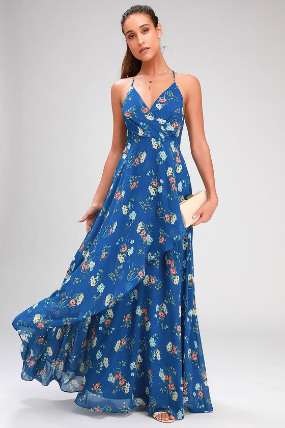 Lovely Royal Blue Floral Print Dress - Surplice Maxi Dress - Maxi - Lulus