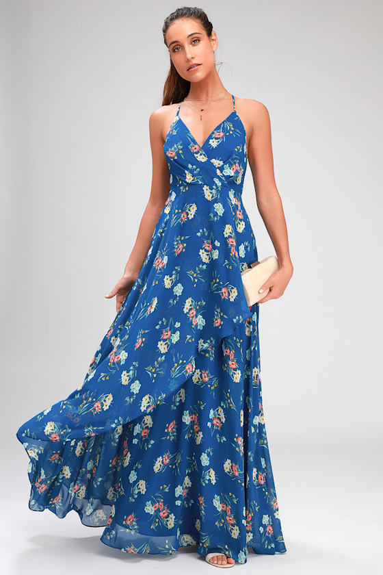 Romance Abound Royal Blue Floral Print Surplice Maxi Dress 1