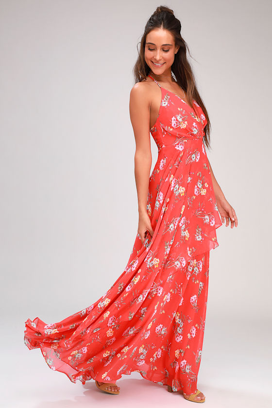 Romance Abound Coral Red Floral Print Surplice Maxi Dress 3