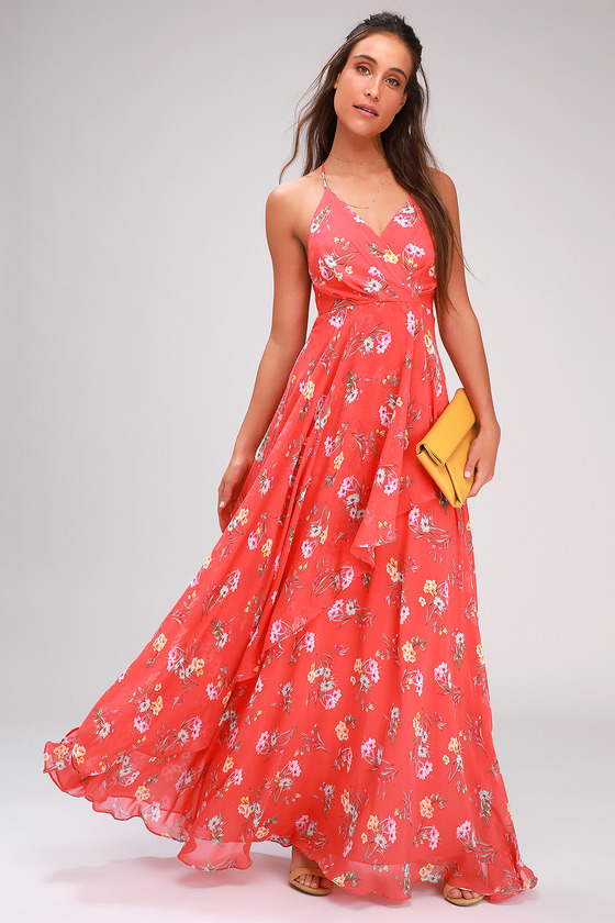 Lovely Coral Red Floral Print Dress - Surplice Maxi Dress - Maxi - Lulus