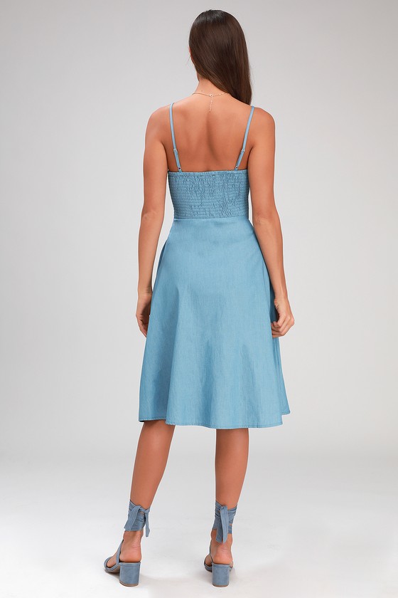 Cute Light Blue Chambray Dress - Button-Front Dress - Midi Dress - Lulus