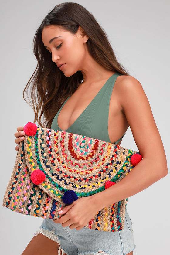 Beige Multi Striped Woven Oversized Clutch 1