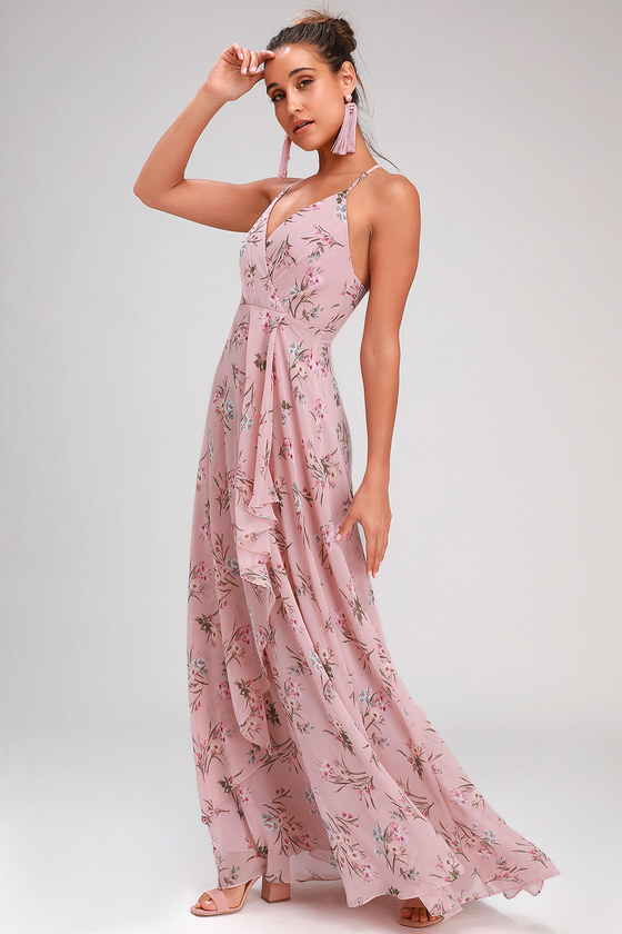 Lovely Mauve Pink Floral Print Dress - Surplice Maxi Dress - Maxi - Lulus