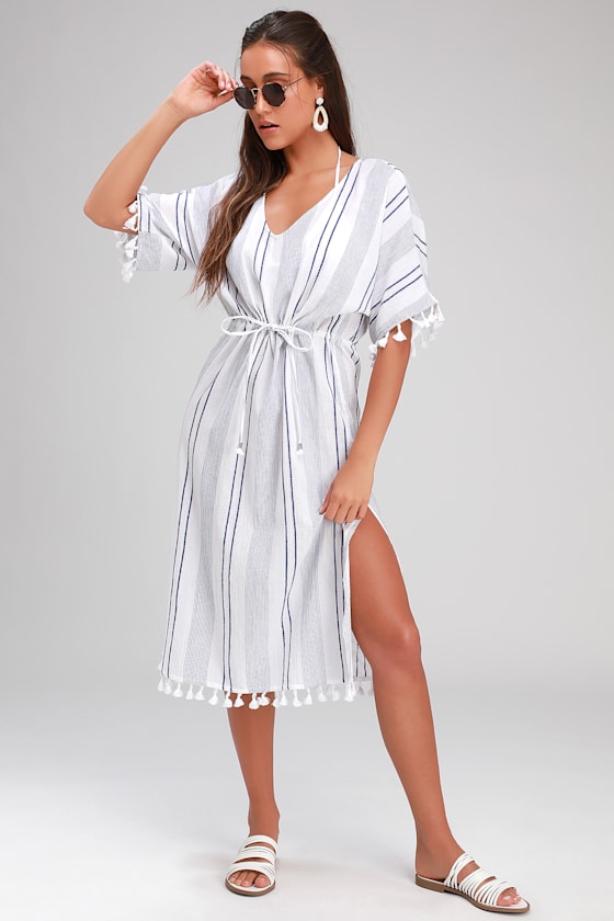 Sunshine On White and Blue Striped Kaftan Swim Cover-Up 1