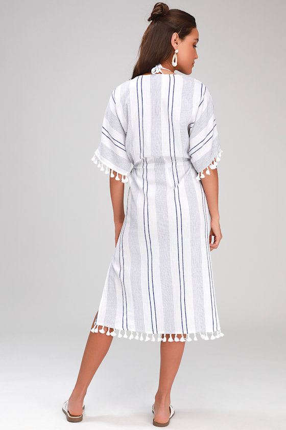 Sunshine On White and Blue Striped Kaftan Swim Cover-Up 4
