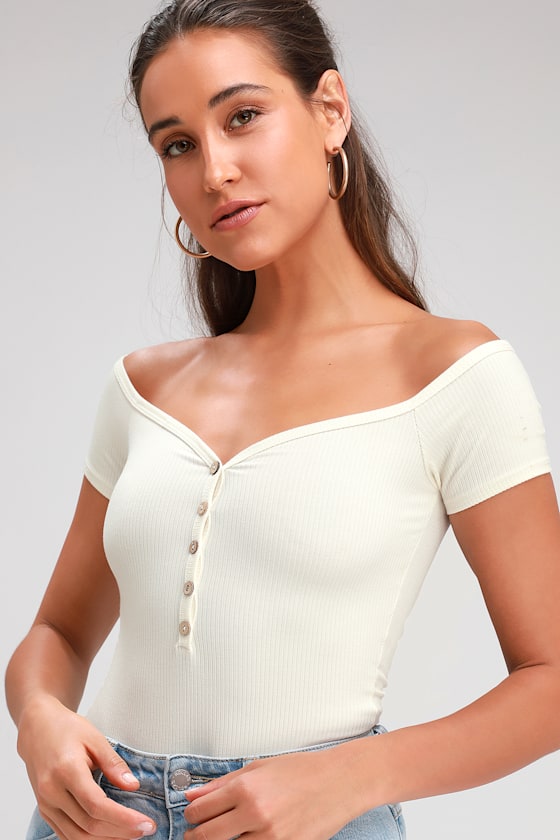 California Body White Ribbed Off-The-Shoulder Bodysuit 4