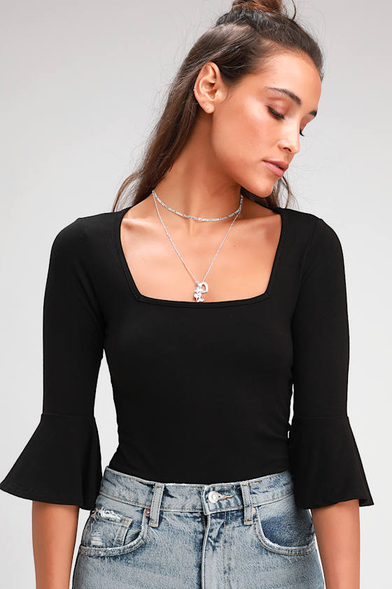 Cute Black Top - Flounce Sleeve Top - Square Neck Top - Lulus