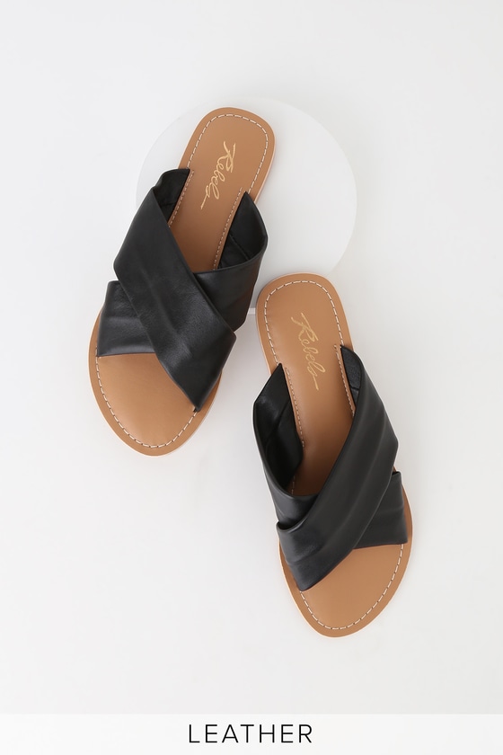 Rebels Jenny Black Leather Sandals - Crisscrossing Slide Sandals - Lulus