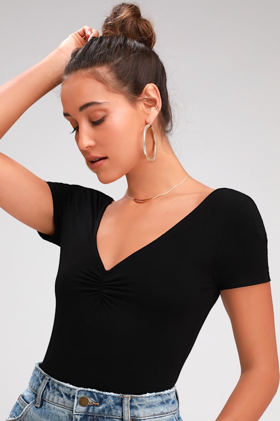 Janie Black Short Sleeve Scoop Back Bodysuit 1