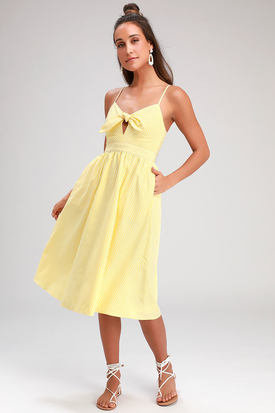 Cute Striped Midi Dress - Yellow Striped Dress - Tie-Front Dress - Lulus