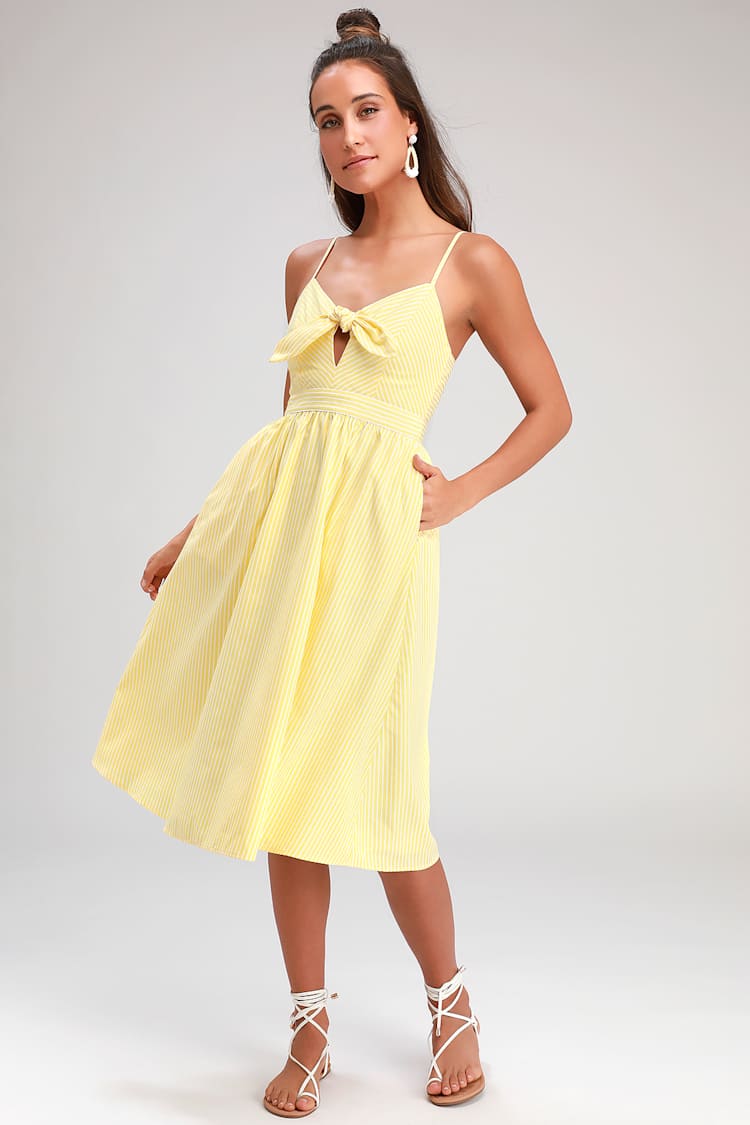 Cute Striped Midi Dress Yellow Striped Dress Tie-Front Dress