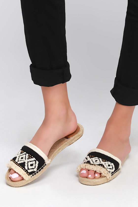 Georgyna White and Black Embroidered Espadrille Slide Sandals 1