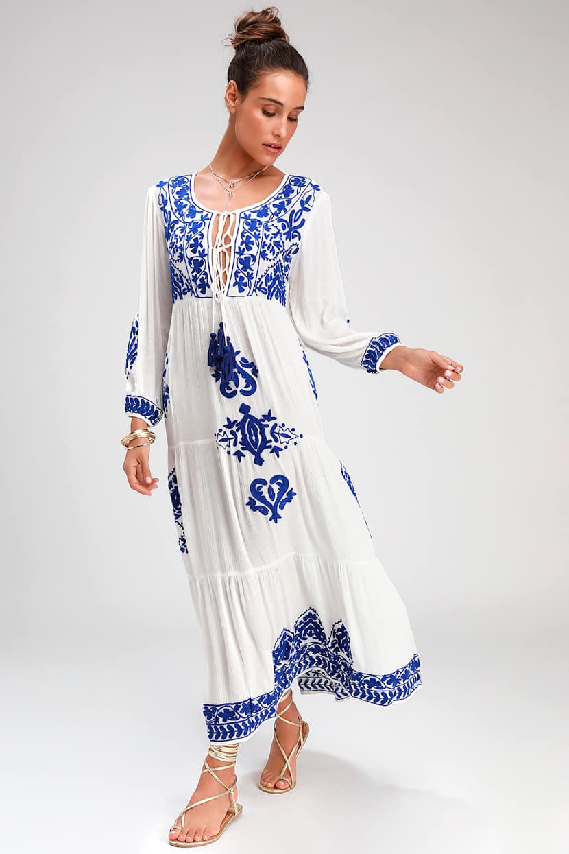 Boho Blue and White Cover-Up - Embroidered Swim Cover-Up - Maxi - Lulus