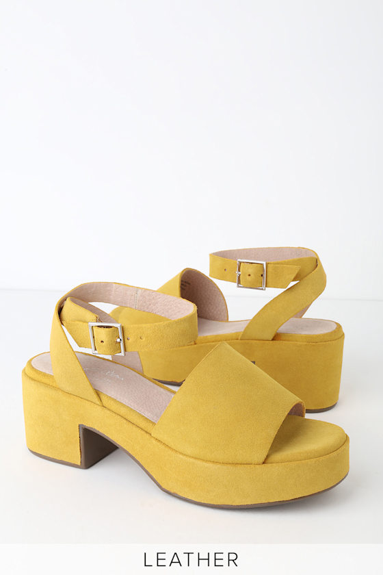 Calming Influence Yellow Suede Leather Platform Heels 2