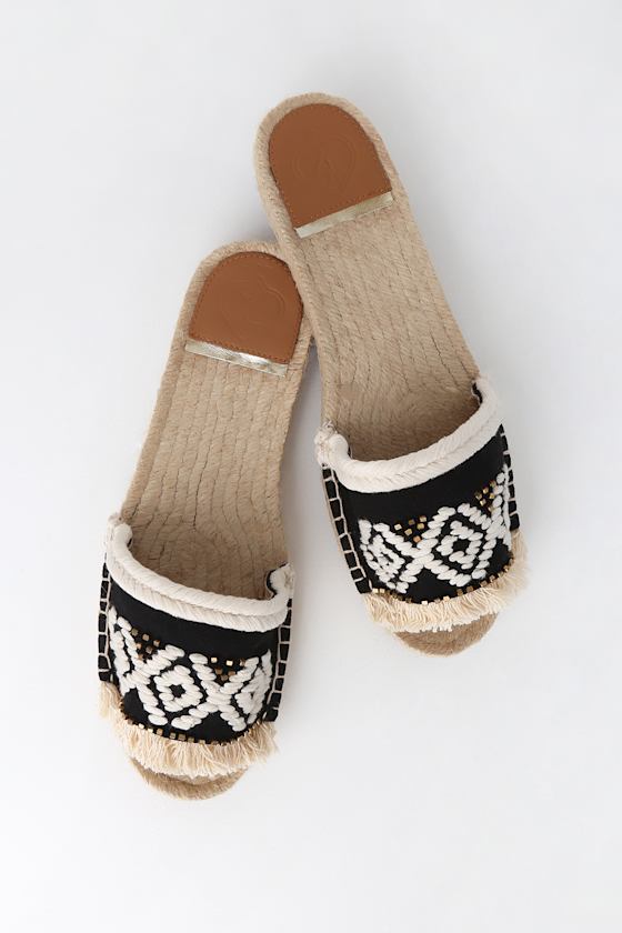 Georgyna White and Black Embroidered Espadrille Slide Sandals 3