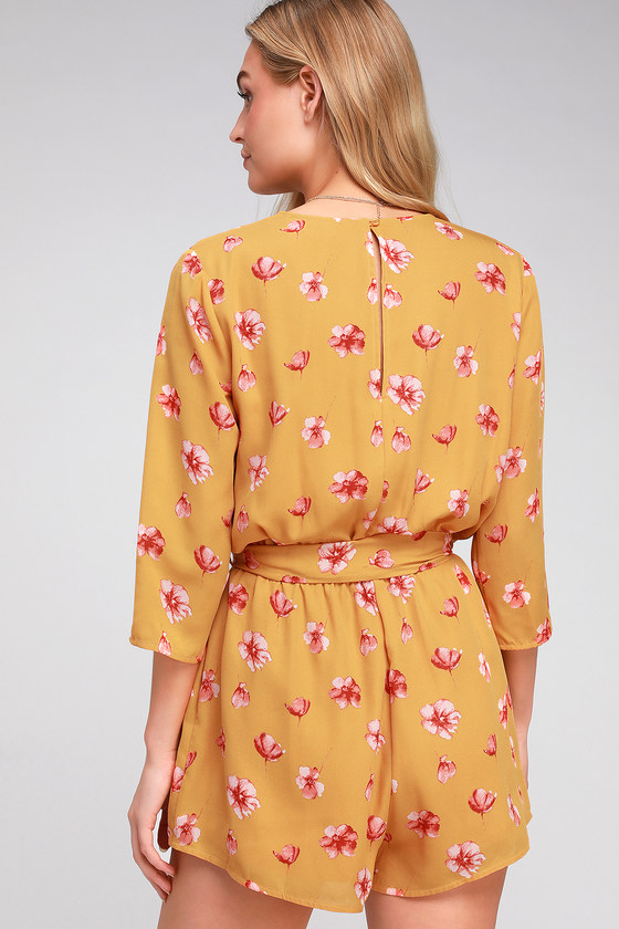 Fun Floral Print Romper - Mustard Yellow Romper - Surplice Romper - Lulus