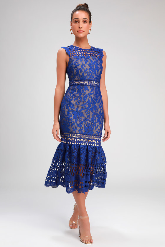 Lovely Royal Blue Dress - Lace Dress - Midi Dress - Trumpet Midi - Lulus