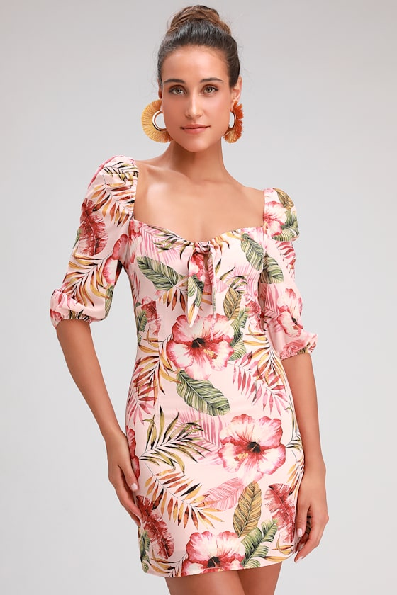 Zaliki Blush Pink Tropical Print Puff Sleeve Mini Dress 1