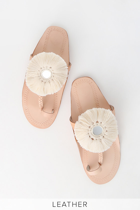 Espansa White Fringe Mirror Leather Thong Sandals 3