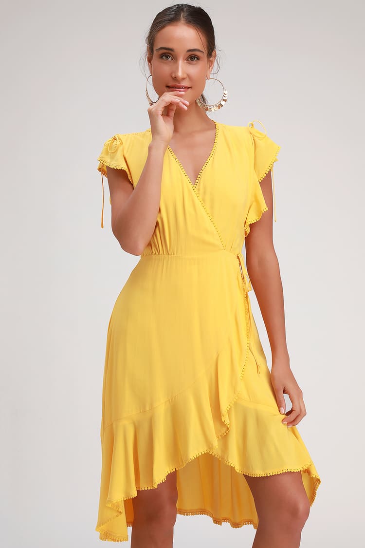 Pretty Bright Yellow Dress - Wrap - Ruffled Midi - Lulus
