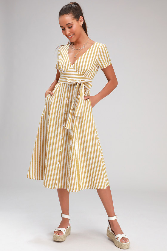 yellow white striped dress