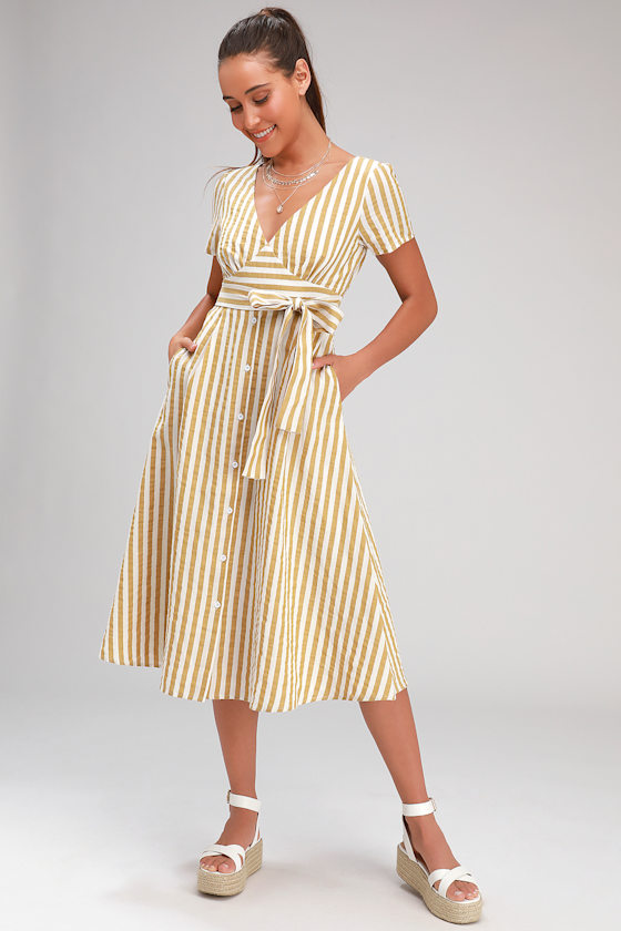 Swingdance Tan and White Striped Button Front Midi Dress 1