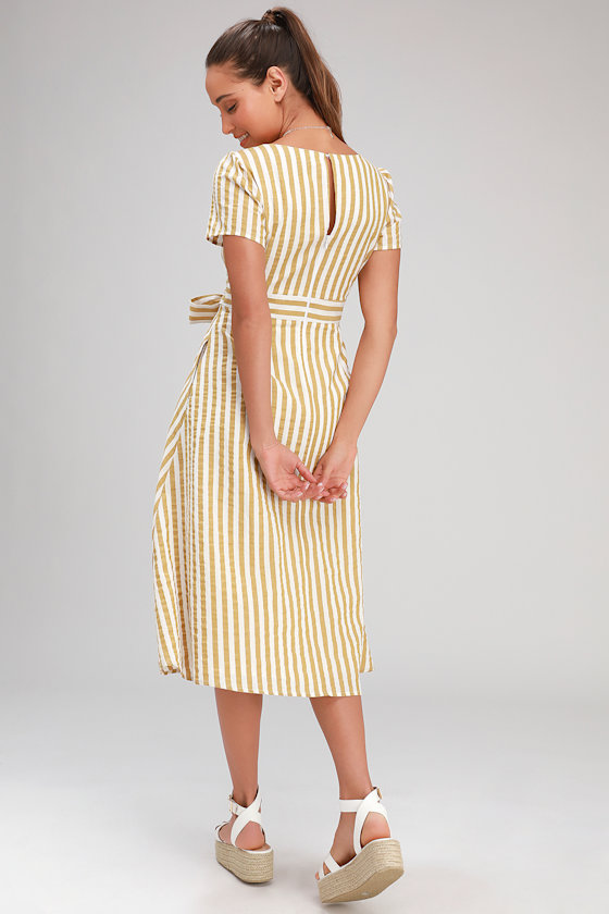 Swingdance Tan and White Striped Button Front Midi Dress 4