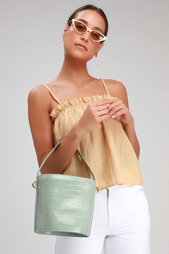 Mariposa Mint Green Crocodile Print Bucket Bag 1