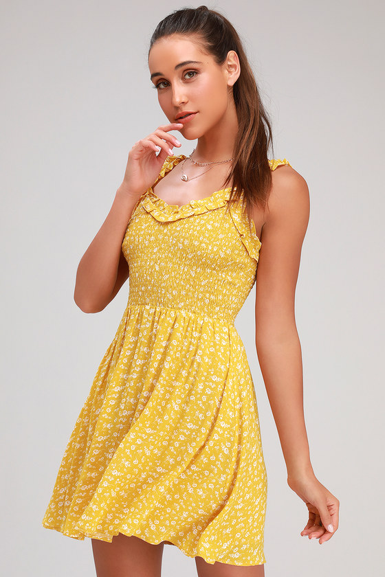 Golden Yellow Floral Dress - Smocked Dress - Floral Print Dress - Lulus